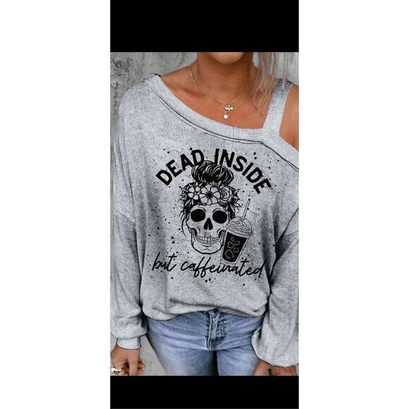 Cold shoulder cute skeleton, bandanna, dead inside long sleeve top. - Picture 5 of 6
